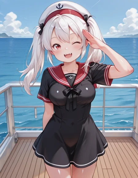 <lora:Cute_Vampire_Sakuya_IL:0.8> sakuya-tan,medium breasts,  shiny skin, white hair, red eyes,long hair, twintails, fangs, black ribbon,
 <lora:Yacht_-_IL:0.8> y4cht, yacht deck, wooden deck, railing, ocean, blue sky
1girl, 
sailor dress, black dress, red sailor collar, sailor hat, 
one eye closed, open smile,salute, looking at viewer,, masterpiece, best quality, amazing quality, very aesthetic, absurdres, cute, kawaii, cute round face, slender, detailed eyes, detailed hair,
