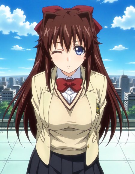 (1girl, solo:1.3), (2girls, 3girls, 4girls, multiple girls, 2boys, 3boys, 4boys, multiple boys:-1.5) <lora:Kuonji_Ningyo_Kojin_Jyugyou_-_Mippei_Suisou_Illustrious:0.9>, kuonji_ningyo, large breasts, blue eyes, brown hair, long hair, hair intakes, bangs, hair between eyes, long sidelocks, hair bow, hair ribbon, school uniform, blazer, long sleeves, brown vest, white shirt, red bow, open jacket, pleated skirt, black skirt, (pout:0.7), one eye closed, general, contrapposto, dynamic pose, , portrait, straight-on, from above, , , outdoors, school rooftop, wire mesh fence, cityscape, sky, cloud, <lora:NOOB_EPSv1_1_detailer_by_vlnvk_v1_0:1.5>, (photo background:0.7), night, (tachibana yuu:0.6), inue shinsuke, (kazuma muramasa:0.0), saikawa yusa, (aoi manabu:0.6), abarerumidori, (suzui narumi:0.6), masterpiece, newest, absurdres, 8K, anime screenshot, anime coloring, flat color, official art, film grain, <lora:illustriousXLv01_stabilizer_v1.185c:0.7>, <lora:LECO_Solo:-4.0>,