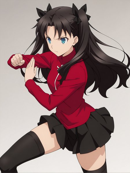 masterpiece,best quality,newest,1girl,solo,
anime screencap,<lora:T_Rin_ilxlv1.3:1>,t_rin,two side up,black hair bow,black hair,blue eyes,r_clothes,turtleneck,long sleeves,red shirt,miniskirt,black_thighhighs,
<lora:Fixhands_anime_bdsqlsz_V1:1>,standing,open_stance,fighting_stance,fighting,