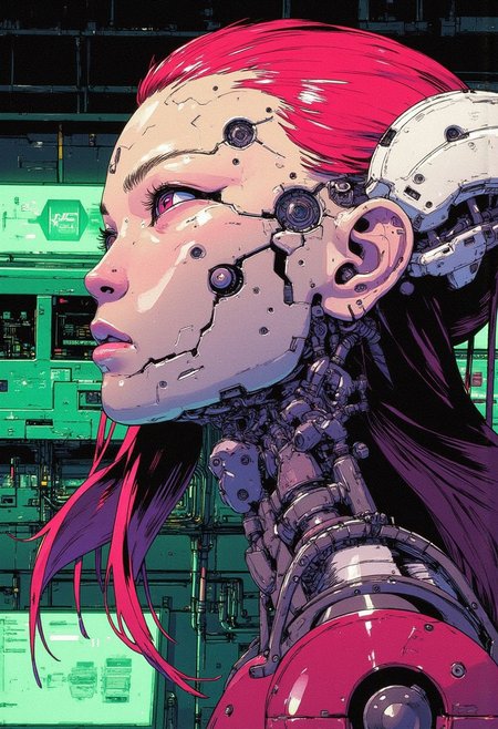 <lora:ck-Goro-Fujita:1>, digital artwork in the style of ckgf, A mesmerizing close-up portrait of an alien woman, her striking features blending extraterrestrial elegance with subtle mechanical elements. Her skin has a smooth, otherworldly texture, adorned with small, organic patterns. Her long, wavy hair cascades around her face, but in the Virtualboy-style palette of red, white, and black. Mechanical elements are seamlessly integrated into her face and neck—sharp, angular pieces emerge like delicate circuitry. The chiaroscuro-inspired lighting brings deep contrast, with bold shadows enhancing her alien beauty. The background features a cyberpunk workshop, and the limited palette emphasize the alien and mechanical features, while a soft green glow outlines parts of her face and hair, creating a futuristic yet nostalgic visual reminiscent of early handheld gaming
<lora:ck-nc-pastel-cyberpunk:0.3>
<lora:ck-MetalGearSolid:0.25>
<lora:RetroAnimeFluxV1:0.25>