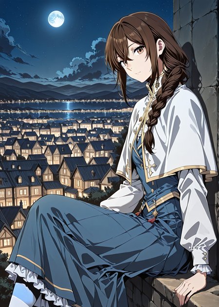 <lora:Lilia_Helstea__The_Beginning_After_the_End__Illustrious:1>
1 girl, solo, brown hair, brown eyes, long hair, hair between eyes, single braid
blue uniform, long sleeves, white capelet, white theghhighs, long skirt, blue skirt, frills
score_9, score_8_up, score_7_up, score_6_up, source_anime, masterpiece, best quality, absurdres, highres, newest, anime coloring <break>  1girl, solo, sitting, on wall, from side, town, night sky, clou, looking at viewer, night, blue moon, <lora:iLLMythG0thicL1nes:1>