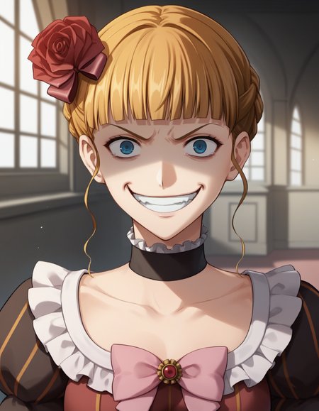 score_9, score_8_up, score_7_up, source_anime, 1girl, solo, beatrice \(umineko\), pink bow, choker, castle interior, dress, hair ornament, upper body, crazy smile, <lora:Beatrice:1>