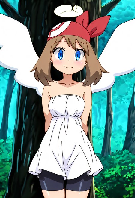 (masterpiece, best quality, good quality, very aesthetic, absurdres, newest:1.2),    1girl, solo, eyelashes, (beautiful eyes),   zzMay, may (pokemon), brown hair, blue eyes, medium hair, red bandana, <lora:MayPokemon_NAI:1.0>,   Crimvael, solo, dress, bare shoulders, wings, shorts, white dress, tree, strapless, halo, black shorts, bike shorts, strapless dress, angel wings, angel, shorts under dress,   smile, looking at viewer,  <lora:IshuzokuReviewersNAI:1.0>,