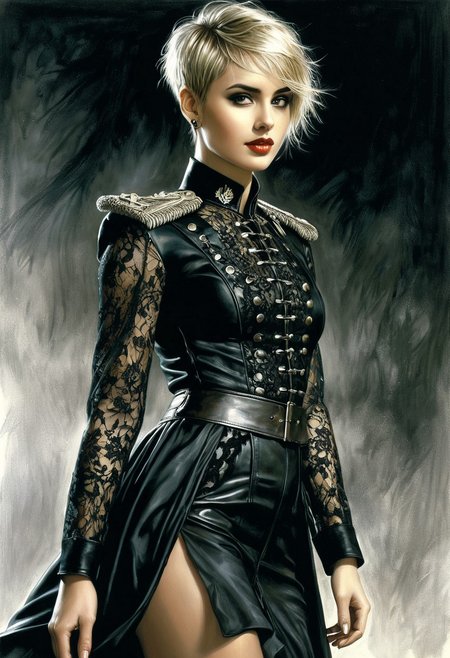 best quality, (Luis Royo drawing style), masterpiece, hyper realistic, highly detailed, extermely detailed, an extermely delicate and beautiful image, dynamic, realistic anatomy, perfect anatomy, great lighting, perfect shading, Professional shading, depth of field, realism, breathtaking, gentle, pure genious, absolutely perfect, amazing, amazing beauty, beautiful woman, full body, sheer, lace, leather, modern military, military officer, military uniform, long dress, perfect face, perfect eyes, beautiful smile, blonde, (short pixie cut, short undercut hair, short hair cut, asymmetrical hair, shaved on the side),earings, 35mm, f1.4, dark smokey eyes, dark lipstick,  erotic , erotic  outfit, well-endowed, full shot photo, uncropped, sensual, perfect boobs, (very huge natural boobs, heavy boobs, saggy boobs, sloppy boobs)