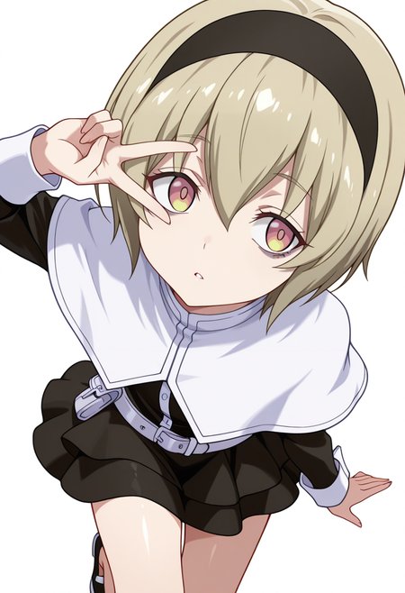 Smooth Quality,masterpiece,very intricate, high quality details, ultra realistic, high detailed skin,detailed enviorement,absurdres,
v over eye,
 <lora:Pekora_CNR:0.8> pekora_cnr, 1girl, blonde hair, short hair, bangs, yellow eyes, multicolored eyes, shiny hair black hairband,bags under eyes,pekora_def_cnr, black dress, white capelet, black skirt,white belt, long sleeves, shoes, pouch,, parted lips,, simple background, white background, front view,solo,