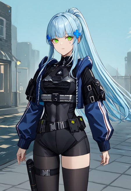 score_9, score_8_up, score_7_up, score_6_up, score_5_up, score_4_up, source_anime, solo, 1girl, 
Klukai, light blue hair, long hair, green eyes, ponytail, facial mark, teardrop, hair ornament, 
Hk_Pol, alt tactical clothes, cropped jacket, blue jacket, short sleeves, black sleeves, layered sleeves, chestplate, long sleeves, multicolored sleeves, alt bodysuit, black bodysuit, belt, asymmetrical legwear, alt thighhighs, alt black thighhighs, 
masterpiece, best quality, very aesthetic, absurdres,