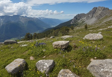 (no human:1.18), scenic alpine landscape, flowering juicy mountain meadow at springtime, Australian Alps, (butterflies:0.93), group of  birch trees, (Boulder with carved inscriptions) Weathered stones with ancient runes, names, or poems,  
(Mountain wildflowers: Snow gentian (Gentiana nivalis)Alpine lady's mantle (Alchemilla alpina)Edelweiss (Leontopodium alpinum) 
(clouds dapple sunlight, rain in the distance,:1.18)
,(trending:0.95) (masterpiece:0.81), (high image quality:1.08), (RAW:0.84),high definition,    p4,s10