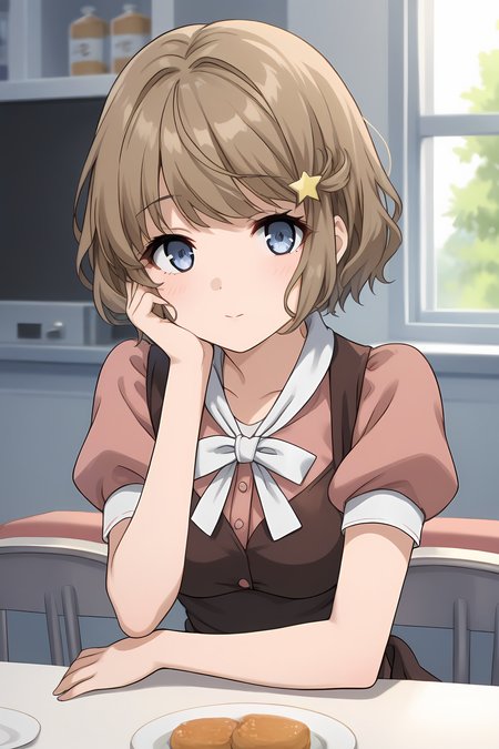(waitress:1.50), bgs-tomoe, brown hair, short hair, blue eyes, bangs, hairclip, star necklace,
medium breasts,
1girl, solo, skinny, (source_anime, score_9, score_8_up, score_8, score_7_up), score_7, score_6_up, score_6, score_5_up, score_5, 
(:1.10),
(school:1.10),
(close-up:1.20), (:1.20),
<lora:bgs-tomoe-V01-000003:0.70>