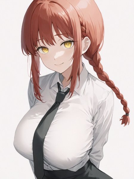 <lora:çå¥ç:1>,1girl, solo, makima_\(chainsaw_man\), shirt, necktie, braid, black_pants, looking_at_viewer, white_shirt, pants, braided_ponytail, breasts, black_necktie, long_hair, white_background, simple_background, collared_shirt, long_sleeves, smile, red_hair, arms_behind_back, yellow_eyes, medium_breasts, bangs, shirt_tucked_in, closed_mouth, ringed_eyes