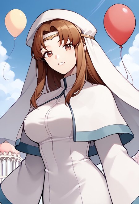 score_9, score_8_up, score_7_up, highres, (best quality:1.1), masterpiece, absurdes, multiple girls, utdoors, sky, solo focus, day, cloud, 1girl,  blue sky,balloon, roller coaster,<lora:feelen-pdxl-nvwls-v1-000005:1> elen, brown hair, veil, circlet, white dress, capelet, large breasts, smile,(upper body:1.1)