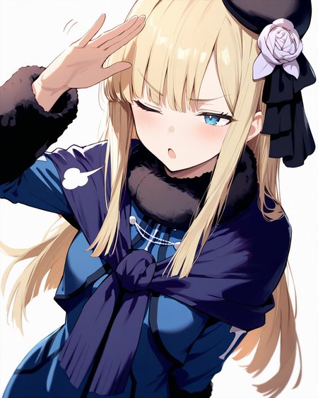 1girl,
ReinesElMelloiArchisorteFateGrandOrder,
safe, solo, dutch angle, upper body,
long hair, blonde hair,
v-shaped eyebrows, blue eyes, one eye closed, teasing, open mouth,
sigh,
fur collar, blue capelet,
hand up, open hand,
blue jacket, breast,
long sleeves, fur-trimmed sleeves,
blue dress,
simple background, white background,
depth of field,
<lora:kp_ReinesElMelloiArchisorteFateGrandAnimagineXL_v1_0:1.0>,
masterpiece, high score, great score, absurdres