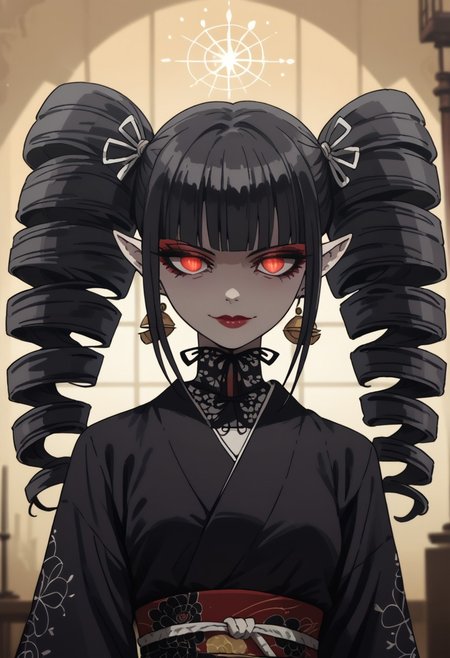 zPDXL3, score_9_up, score_8_up, score_7_up, (Anime_source), 1girl, standing, looking at viewer, Celestia, drill hair, long hair, twin drills, red eyes, black hair, twintails, earrings, jewelry, bangs, lipstick, buttom eyes, eyeshadow, closed mouth, seductive smile, lusty face, Kimono, black Kimono, flowery dress, slit pupils, white pale skin, small black demon horns, pointy ears, glowing eyes, sinozick style, flat color, dark theme, background, interior, bedroom