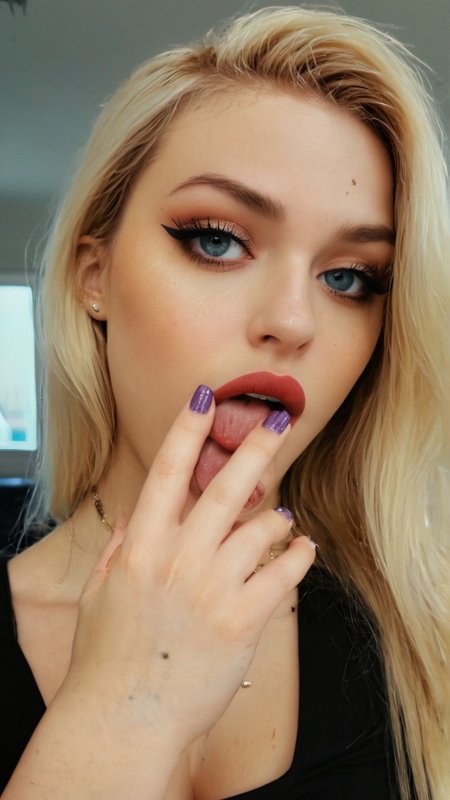 instagram selfie,filter, bad quality, film grain, instagram filter, the most beautiful (american student:1.5) read head, woman, 18 years old,blonde long hair,black lips, blue shiny eyes, goth girl, tattoed, piercings,(gamer girl, nerdy,curvy:1.7), perfect body,  big boobs, isabelle, big boobs, (sexy dress:1.3)
perfect hands, without smartphone, 
many details, extreme detailed, full of details,
Wide range of colors., Dramatic,Dynamic,Cinematic,Sharp details
Insane quality. Insane resolution. Insane details. Masterpiece. 32k resolution.
<lora:add-detail-xl:0.95>  
 <lora:4ltb4b3s-woman_128_64_LR1_batch1:0.2> 4ltb4b3s, woman
 <lora:Fingers_And_Tongue_-_By_DICE:0.6> (V Fingers, Tongue out, Tongue between fingers:1.3)
 <lora:PerfectEyesXL:0.6> blue eyes, perfecteyes, (shiny blue eyes:1.2),