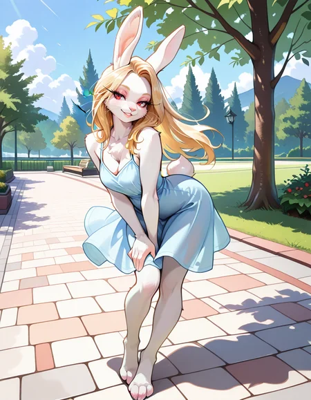 masterpiece, best quality, very aesthetic, absurdres,
outdoors, park, 
sundress, 
full body, seductive smile, parted lips, long eyelashes,
 <lora:Marshmallow_v02_NAIXL:1>,Marshma110w,1girl,solo,furry female,rabbit girl,rabbit ears,blonde hair,long hair,red eyes,animal nose,whiskers,body fur,white fur,rabbit tail,animal feet,