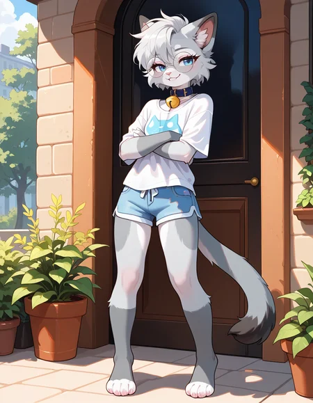 masterpiece, best quality, very aesthetic, absurdres,
outdoors, casual, 
full body, posing, 
seductive smile, parted lips, long eyelashes,
<lora:Nixuelle_v01_NAIXL:1>
Nixue11e,1girl,solo,furry,furry female, cat girl, cat ears, short hair, grey hair, blue eyes, round eyewear, snout, animal nose, collar, neck bell, body fur, two-tone fur, grey fur, white fur, cat tail,
