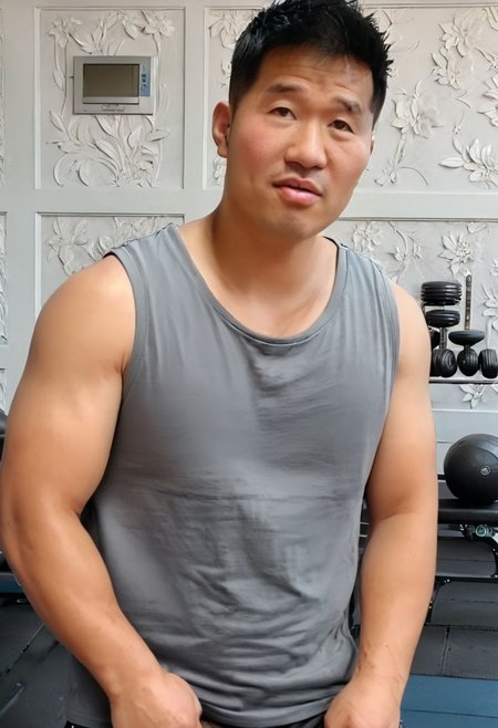 (((htkangface))), daddy,  natural face expression, (((detailed HtKangface))), fixed htKangface Photorealistic, realistic, masterpiece, intricate details, detailed background, depth of field, photo of a handsome, dynamic pose, natural face expression, (((looking at viewer))), high detail, high quality, male focus, ((full body)), ((serious)), ((gym background)), training, ((tank top))