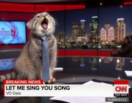 a pallas cat with a necktie sitting on a news counter in a CNN Newsroom, reading the latest headlines. The TV overlay says "CNN BREAKING NEWS" with the headline "LET ME SING YOU MY SONG". <lora:Concept_morse-BBCNewsroom-FLUX:1>. The cat is yawning <lora:Animal_soph-PallasCat-FLUX:1>
