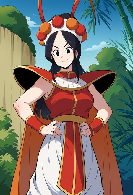 score_9,score_8_up,score_7_up,score_6_up, BREAK annin, 1girl, solo,upper body,thin mountain, black hair, black eyes, medium breasts, red vest, white skirt, red shoulder armor, white headband, pom pom \(clothes\), red bracer,fake antennae,red cape, hands on own hips, (from below:0.6,from side:0.7), mount paozu,nature,cliff, bamboo, bush,blue sky,smug,closed mouth,smile,red pelvic curtain,grabbing own hips,orange antennae,looking at viewer,  <lora:MountPaozuPony:1> <lora:AnninPony:1>