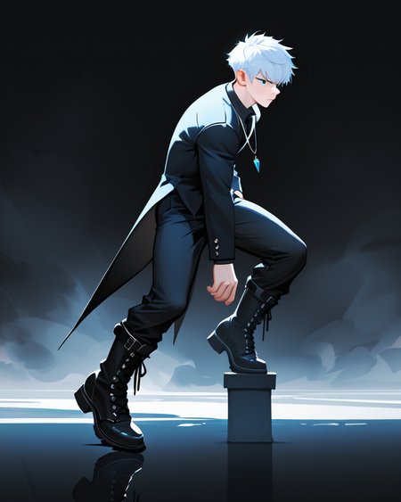 masterpiece, best quality, amazing quality, very aesthetic, absurdres, newest, 1boy, male focus, 21 years  old,  full body, head to toe, dynamic pose, blue eyes, eyeshd, tailcoat, long pants, knee high lace up boots, necklace, highly detailed eyes, from the side,  confident, serious, abstract background, dark, light, fog, masterpiece, best quality, amazing quality, very aesthetic, absurdres, newest, volumetric lighting,
 freckles, muscular, no-lineart style, big eye background,
breeze style
<lora:Bree_Style_Hv2:0.6>