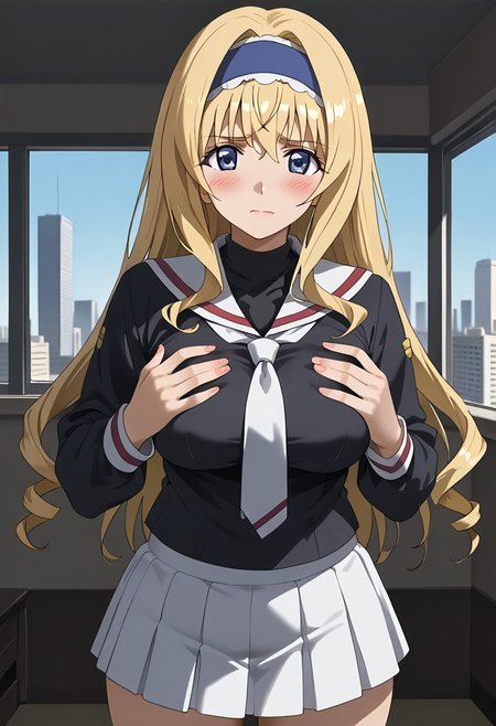 score_9, score_8_up, score_7_up, score_6_up, score_5_up, score_4_up, epic-Ultra-HD-details, epic-Ultra-HD-highlights, 2.5D-upscaled-resolution, source_anime, digital-quality, semi-realism, physically-realistic, lit, cutesie,
afrobullstyle, 
BREAK source_anime, anime, best quality, masterpiece, rating_safe, uncensored, High quality, 8k, Ultra, 
BREAK (4partment,indoors, window, scenery, cityscape),
BREAK 1girl, cecilia, 
black serafuku, white necktie, white sailor collar, white skirt, mini skirt,
BREAK ((cowboy shot)),(standing),(from front),(((from front))),
busty breasts,(((large breasts:1.2))), (thick thighs,:1,2),
looking at viewer,embarrassed,erect nipples,
hand on own breast,