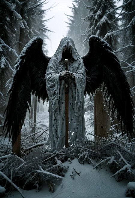 Silent death angel stands facing upcoming dark, sharp lines, extra arms, spreading his wings, detailed armor, extreamly detailed sword, detailed backgrounds, Winter forest, dense forest,starry sky, digital artwork by Beksinski, grainy, masterpiece, extremely detailed, lx, 32k, uhd, dark, low-key, in the style of Kelly Slate, vntblk, dark, digital artwork by Beksinski, ugly, terrible, detailxl, drkms, UHD, 8k, F2.8, RAW Photo, ultra detailed, sharp focus, clear (Style-EMCG:1.5), <lora:aidma-Image Upgrader-v0.1:1>