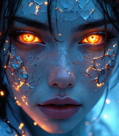  a hyper-realistic close-up of a female character with glowing, ember-like eyes that burn with an intense inner fire. Her skin is a cold, translucent blue, contrasted with intricate cracks and fissures that glow with molten orange and red hues, suggesting that she is a fusion of ice and fire. Her face should have a photorealistic texture, showing fine skin details, with subtle reflections of the fiery glow on her lips and cheeks. The image should capture the intensity of her gaze, with wisps of hair framing her face, illuminated by the fiery light.

The background should be soft and blurred, allowing the viewer to focus entirely on the intricate details of her face. Use dynamic lighting to accentuate the contrast between the cool blue skin and the hot, glowing cracks. This character should evoke a sense of power and mystery, as if she is a supernatural entity or a being in the midst of transformation. Add subtle details like faint embers or sparks around her, enhancing the illusion that she is emanating heat and light from within.
