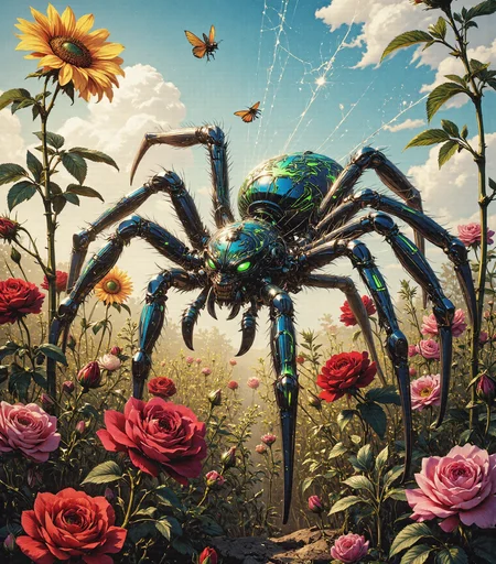 A breathtaking and hauntingly beautiful **cybernetic spider**, its **bright, matte cobalt blue body richly saturated and velvety in texture**, moves gracefully through a dense bed of blooming flowers, dominated by **blood-red roses, golden sunflowers, and sprawling emerald-green foliage.** Unlike a synthetic machine, the spider’s **surface is completely matte, absorbing sunlight rather than reflecting it**, making its **color appear even deeper and more vibrant in the daylight.**  

Intricate **neon green markings** cover its legs and abdomen in bold, natural streaks—**sharp, vivid, and eye-catching, yet without any artificial glow.** The markings resemble **evolved camouflage or organic patterns**, adding an almost mystical quality to the creature, as though it belongs to an undiscovered species thriving in this floral paradise.  

The **spider’s eight deep-green eyes**, non-reflective but rich with color, move carefully as it observes the world around it. Each movement of its **long, gracefully curved legs** is precise and effortless, pressing gently against the delicate petals beneath it. Its presence is both **striking and strangely serene**, blending seamlessly with its vibrant surroundings.  

The **background is bathed in brilliant daylight, with a clear blue sky stretching infinitely overhead.** Soft, **fluffy white clouds drift lazily across the horizon**, casting occasional dappled shadows over the landscape. The golden sunlight pours down, illuminating the **lush green leaves and the velvety petals of the surrounding flowers, enhancing their deep, natural hues.** The warm, fresh air is thick with the **scent of blooming roses and wildflowers, carried by a soft, occasional breeze.**  

The flowers around the spider are **wild and abundant**, their petals unfolding in rich, vibrant shades of **scarlet, yellow, and violet.** **Bees and butterflies flit between the blossoms, their wings catching the sunlight in dazzling patterns.** Some flowers seem **larger than life**, as if nourished by something more potent than nature alone, their petals spreading open like delicate silk against the wind.  

Suspended between the thorned stems are **intricately woven spiderwebs, glistening faintly in the sunlight.** Unlike artificial or synthetic strands, these webs are **completely organic, thick but symmetrical, spun with masterful precision.** The spider moves methodically, **adjusting the strands with careful efficiency, as if it is not just weaving a trap but crafting an intricate, hidden masterpiece.**  

The **sun shines warmly**, casting soft, **golden highlights across the spider’s cobalt blue body, making its neon green markings stand out even more vividly.** The **light filters through the petals, creating a glowing tapestry of natural color**, painting the world in a **brilliant blend of warmth and beauty.** The contrast between the **intense matte blue of the spider and the sun-drenched landscape** is both **stunning and surreal, a rare and extraordinary sight beneath the endless sky.**  

Rendered in **hyperrealistic digital art**, every **texture, surface, and color is captured in breathtaking detail**, emphasizing the contrast between the **spider’s bold, otherworldly coloration and the lush vibrance of its natural surroundings.** The absence of artificial lighting or exaggerated effects ensures the scene feels **realistic yet mesmerizing, as though this creature truly exists in a world where the extraordinary blends seamlessly with the ordinary.**  

A perfect fusion of **natural wonder and surreal beauty**, where **a creature both vibrant and haunting moves silently through a world of vivid sunlight and endless bloom**, beneath the warm embrace of the **daylit sky.**  


Art in the style of Yomu_Yakadashi, black widow, G0thicL1nes, bontanica, modernretroanime, cybernetic-spider, dreamscape7X, Jedcyb3r, Jedspl4tt,