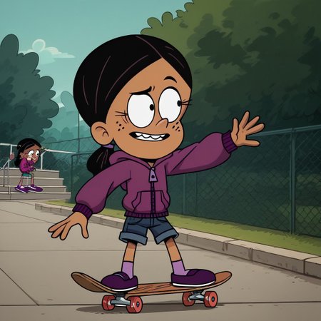 score_9, score_8_up, score_7_up, score_6_up, 1girl,solo,best quality,4k,
dark tan skin, black hair worn in a low ponytail, freckles on her cheeks, two buck teeth,show accurate, perfect anatomy, four fingers,
purple hooded jacket, dark blue jean shorts, and dark purple flats with light pink socks,
skateboarding, public park,