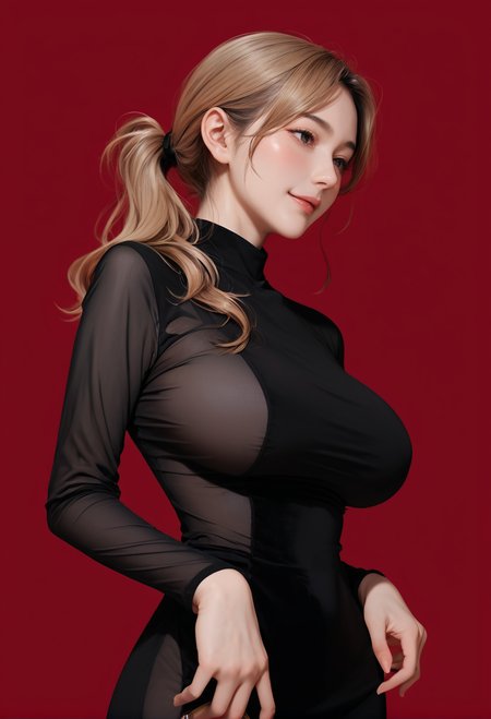 1girl,red background,,ruanyi0926,black dress,long sleeves,side perspective,
cowboy shot,<lora:0926 Home wear 7_v1_pony:1>, score_9, score_8_up, score_7_up, score_6_up, score_9, score_8_up, score_7_up, score_6_up source_anime, blush, 1girl, seduce smile, perfect body , natural huge breasts