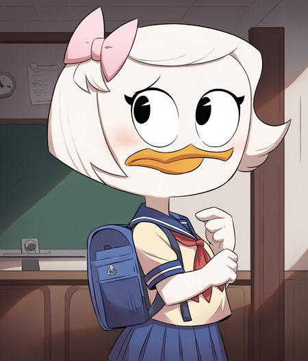 score_9, score_8_up, score_7_up, score_6_up, best quality, highres, source_furry indoors, ceiling, school, 1girl, female, solo, by cubedcoconut, (short, young:1.2), white body, (school_uniform, serafuku:1.3) white hair, short hair, beak, duck, webby vanderquack, backpack, hairclip, black eyes  <lora:Webby_Vanderquack:0.8>  <lora:Cubedcoconut_Style:1>