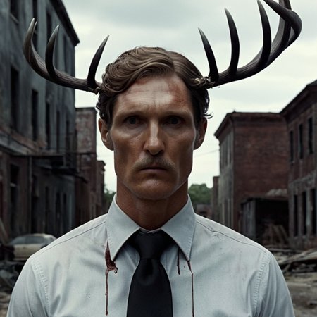 Double Exposure photography, cinematic film still of  <lora:add-detail-xl:1>0
<lora:detailed:0.3>
<lora:perfection style:0.3>
<lora:xl_more_art-full_v1:0.3>
 <lora:true detective style:1>
Rust Cohle
 <lora:carcosa city style v2:0.5>
In an ancient and mysterious city rust cohle a shaved man with a bloody face and a tie carcosa city style,solo,looking at viewer,short hair,shirt,black hair,1boy,closed mouth,white shirt,upper body,male focus,necktie,collared shirt,facial mark,formal,suit,black necktie,antlers,black suit , detailed, real, different, unique, cinematic, dramatic, concept art, filmic, detailed background, detailed settings, artstation, carcosa city style, double image ghost effect, image combination, double exposure style