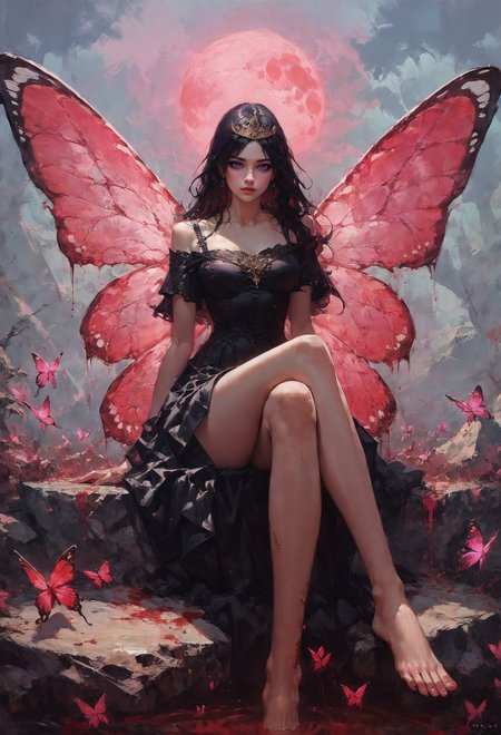 ASCII(score_9, score_8_up:1.1), score_7_up, 1girl, petite, black hair, long hair,  butterfly wings, glossy black skirt, glossy black top, void forest, sitting on rock, crossed legs, red water, magical, golden tiara, blood moon, void  <lora:sdxl\vixon_pony_oil:0.7> <lora:sdxl\Concept Art Eclipse Style LoRA_Pony XL v6:0.5>
