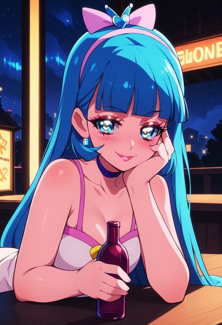 Expressiveh, score_9, score_8_up, score_7_up, score_6_up, score_5_up, score_4_up, godrays, 1girl, pose, smile, looking at viewer, hotel bar, neon, color lights, dim, night, (bent over table), face focus, sexy, ((holding a bottle of wine)), drunk, (glittering pastel clothing, glossy sparkling fabric)  makeup, long eyelashes, glossy lipstick, (soft blush), eyeshadow, hand on the cheek
(((cure nyammy, wonderful precure!))),
