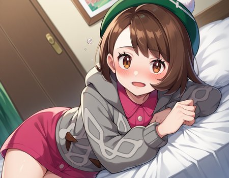 score_9, score_8_up, score_7_up, source_anime,
pokemongloria, <lora:pokemon-gloria-ponyxl-lora-nochekaiser:1>
pokemongloria, brown eyes, brown hair, medium hair,
cardigan, dress, green headwear, grey cardigan, hood, hood down, hooded cardigan, long sleeves, pink dress, short dress,
indoors, bed, bed room, on side, blush, drunk,
looking at viewer, cowboy shot, dutch angle,