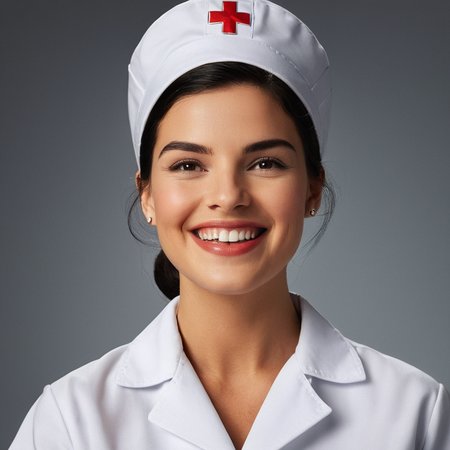 cinematic film still of  <lora:Sharp detailed high quality image style v1:1>
A perfect photo of a woman in a white nurse uniform is smiling,1girl,solo,looking at viewer,smile,short hair,open mouth,shirt,black hair,hat,brown eyes,jewelry,white shirt,upper body,earrings,teeth,grey background,realistic,nurse cap,nurse , detailed face, detailed body, detailed hands, detailed eyes, detailed nose, detailed ears, detailed hair, detailed, perfection, detailed teeth, detailed skin texture, wrinkly, detailed fingers, detailed mouth, beauty, realism, real, detailed hair, detailed pores, detailed background, sharp image, detailed lips, different race, different color, different haircut, different skin tone, different, different people, different pose, perfection style, shallow depth of field, vignette, highly detailed, high budget, bokeh, cinemascope, moody, epic, gorgeous, film grain, grainy