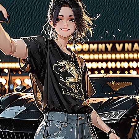 depth of field, backlighting, taking a selfie in front of a black lamborghini aventador with spoiler and body kit (car is black, wearing luxurious jeans and luxurious black t-shirt with gothic design, bokeh, (sketch:1.3), male sun wukong, Kael Vireon, symbolic environment, expensive black watch windblown hair, casual clothes, mystic mist, wearing luxurious black jeans and luxurious black tied t-shirt with gothic design, best quality, visual storytelling, 8K, focused subject, upper body focus, cinematic composition, celestial clouds, close up, absurdres, dynamic composition, chrome rims), chinese mythology, floating mountains, Black Myth Wukong, chrome carbon fiber details, god-tier illustration, chrome carbon fiber details), taking a selfie in front of a lamborghini aventador with spoiler and body kit (car is black, mythic scale, ( dynamic pose:1.3), holding waist, dramatic sky, night scene under the moon, in front of a luxury casino, volumetric light, good quality, masterpiece, stylized