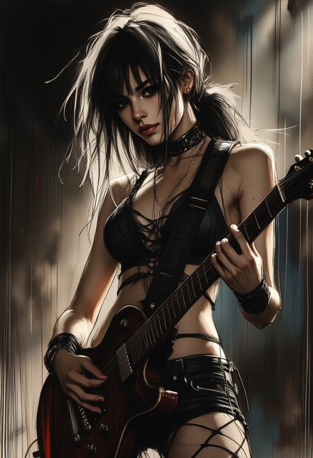 OBxiaoxiang, inksketch, Silhouette Art, magnificent, dark background, inksplash portrait of stunning japanese heavy metal guitarist playing on stage, long dark hair with platinum streaks, sidelocks, bangs, front-laced blouse, cleavage, fishnet, seductive, sultry, red lips, silhoutted in spotlight on stage, light hitting one side of face, inksplash abstract background