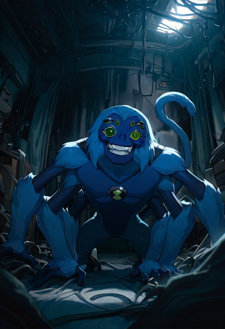 masterpiece, best quality, amazing quality, very aesthetic, absurdres, newest,, detailed background, 
spidermonkey, extra eyes, solo, blue skin, extra arms, long blue tail, , green eyes, teeth, blue hair, , teeth, fangs, four arms, 
inside messy room, dark room, futuristic room, cinematic, movie scene, smile,
