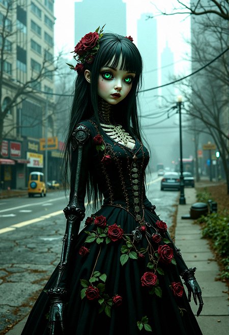 long haired,
A  female character with a delicate doll-like face and luminous green eyes, wearing a gothic Victorian dress entwined with roses and vines. She stands in a dimly lit city park, her mechanical skeletal features exposed and intricately detailed with floral patterns. The scene is set against a foggy backdrop of a modern cityscape with towering skyscrapers, cracked pavement, and abandoned vehicles, all captured in extreme realism with a 35mm camera filter.







