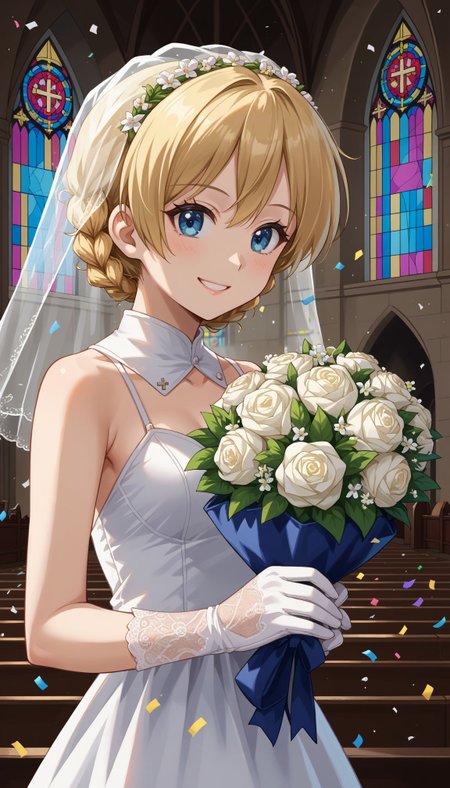 score_9,  source_anime, 
 <lora:Gup Darjeeling:1> 1girl, blue eyes, blonde hair, braid, short hair, twin braids, 
indoors, church, stained glass, whie veil, laced gloves, upper body, close portrait church, holding bouquet, (confetti:1.1), smile, white dress, wedding dress, church, holding bouquet, (confetti:1.1)