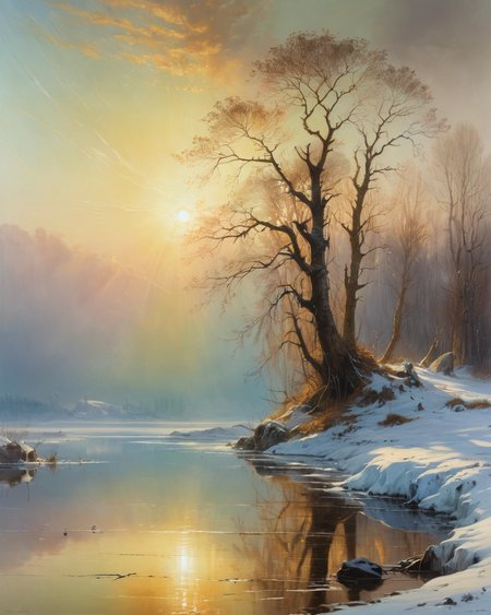 Melancholy cowering, water, reflections, transparency, icy, vivid color, The Isle of the Dragon, Aleksey Savrasov,  dense light rays, <lora:add-detail-xl:0.75>, <lora:xl_more_art-full_v1:0.5>