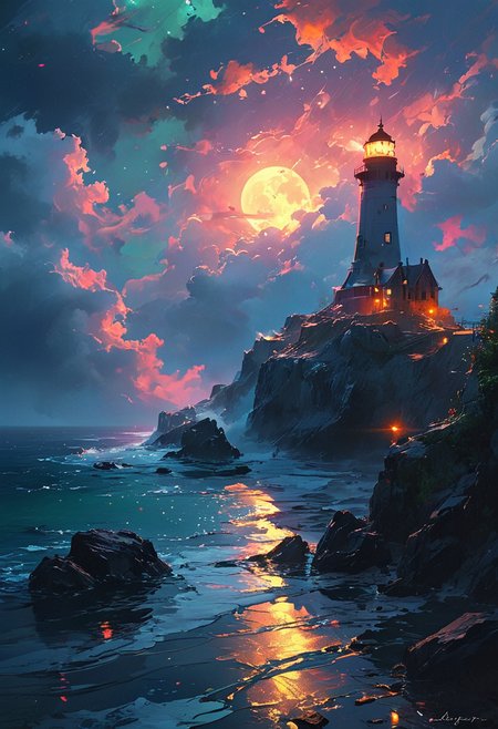 Under the eerie glow of a full moon, a dark and ominous landscape unfolds. A vibrant, colorful ship stands by the edge of a serene ocean, its vivid hues contrasting starkly with the foreboding atmosphere. In the background, a lighthouse stands atop jagged rocks, its light cutting through the darkness and reflecting off the ocean's surface, glistening in the moonlight. Thick, swirling clouds loom overhead, adding to the sense of an evil presence. The moonlight filters through the clouds, casting an otherworldly glow over the scene. A falling star streaks across the sky, adding a touch of mysticism to the night. The air is thick with a sense of ancient secrets and dark magic, as if the very night is alive with hidden power.  [romantic impressionism,dream scenery art,beautiful oil matte painting,romantic,style of thomas kinkade,beautiful digital painting,anime landscape,romantic painting,dreamlike digital painting,colorful painting,beautiful gorgeous digital art,style of greg rutkowski,janek sedlar,jenny saville:0]  <lora:vivid_everclear:0.6>  <lora:Sinozick:1>  <lora:MJ52:0.75>