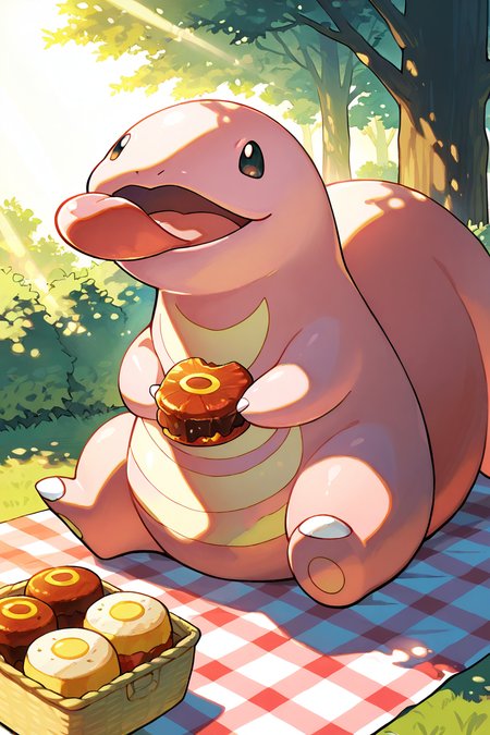 masterpiece, best quality,   Lickitung, no humans, pokemon (creature), solo,  <lora:LickitungPokedexIXL:1.0>,   sitting on a picnic blanket, surrounded by food, playful expression, glowing afternoon sunlight, warm and cozy atmosphere, vibrant and fun, detailed