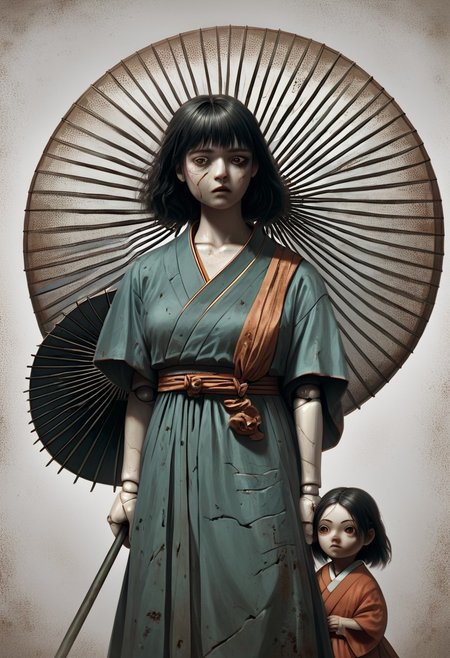 score_9, score_8_up, score_7_up, score_6_up, easynegative, masterpiece, the highest, perfecteyes, brown eyes, girl, kimono ,black hair, scythe,umbrella in hand,jewelry,geisha , fear, facial cracks,tears,porcelain body,doll,doll joints