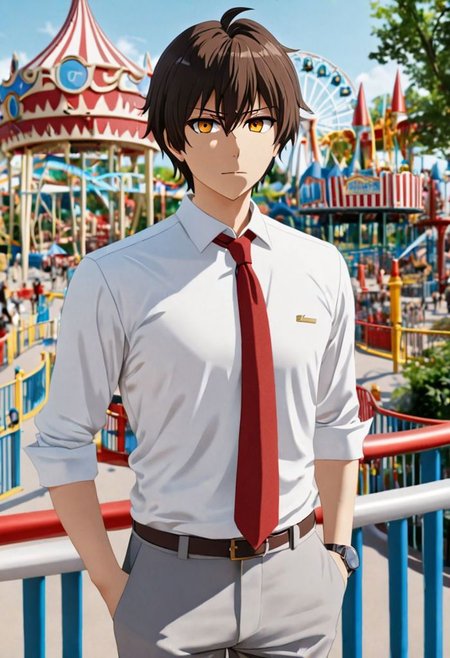 Highres, Masterpiece, High Quality, 4K, 8K, solo, 1Boy, Seiya Kanie, short dark brown hair, golden eyes, white dress shirt, red armband, manager, red tie, gray pants, theme park, easynegative, detailed_eye_model