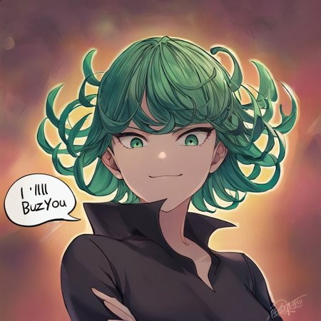 Tatsumaki, happy face, (((a text bubble says "I'll buzz you":1.5))), (((text focus:1.4))), zzTatsumaki, green eyes, green hair, black dress, glowing, green glow, aura, energy,