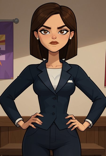 ((room background)),score_9, score_8_up, score_7_up,score_6_up, 
1girl, solo, Amelie_DC, medium tan skin, brown eyes, dark brown hair, medium straight hair, hairstyle bob cut, white pearl earrings, dark blue female business jacket, white undershirt, dark blue female business pants, black high-heels, small black mole, big eyes, cute, tall stature, perfect eyes, perfect serious, looking at the viewer, detailed eyes, perfect eyes, standing, big breasts (front pose, bust shot) five fingers, perfect hands, hands on hips