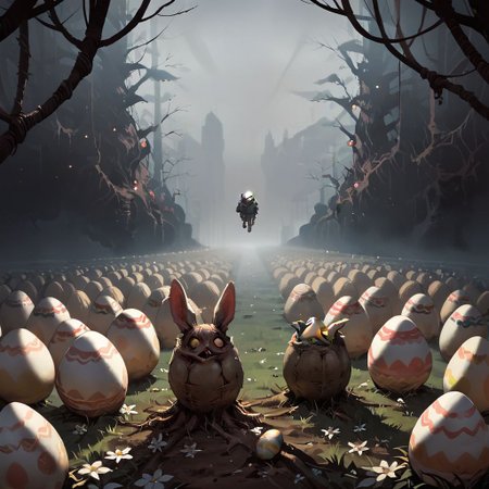 score_9, score_8_up, score_7_up, score_6_up, score_5_up, score_4_up, source_anime, BREAK, a group of xenoeggs on a sunny grass lawn, science fiction, horror_(theme), easter eggs, bunny playing with facehugger,,