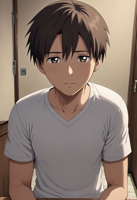 high resolution, solo, best quality, 1Boy, Takaki Toono, Brownish Hair, Brown Eyes, kabedon POV, T-Shirt, OverallDetail