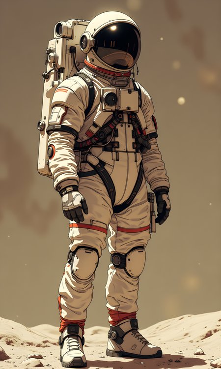 The subject of the image is an astronaut clad in a highly detailed and advanced spacesuit. The suit is designed with intricate components, including various panels, tubes, and mechanical elements, suggesting a high level of technology and functionality. The astronaut's posture is upright, indicating readiness or alertness. 
The astronaut's face is completely obscured by the reflective visor of the helmet, making it impossible to discern any facial expression. The visor reflects light, adding to the sense of mystery and anonymity. 
The astronaut stands in a confident and poised stance, with their body facing slightly towards the viewer. The arms are relaxed but positioned in a way that suggests preparedness for action. The overall pose conveys a sense of strength and determination. 
The spacesuit is predominantly white with red and black accents, giving it a striking and futuristic appearance. The suit features multiple layers and sections, each serving a specific purpose. There are visible hoses, gauges, and other equipment attached to the suit, indicating its complexity and advanced design. The gloves and boots are also part of the suit, ensuring full protection and mobility. 
The camera is positioned at eye level, capturing the astronaut from a medium distance. This angle allows for a clear view of the suit's details and the astronaut's overall form. The framing centers the subject, drawing immediate attention to the intricate design of the spacesuit. 
The lighting in the image is soft and diffused, creating gentle highlights and shadows on the suit. The light source appears to be coming from the front-left side, casting subtle shadows that accentuate the contours and textures of the suit. The reflective visor catches the light, adding a dynamic element to the composition. 
The background is a muted, earthy tone with a textured surface, possibly resembling a lunar or Martian landscape. The lack of distinct features in the background keeps the focus on the astronaut and the suit. The simplicity of the background enhances the sense of isolation and emphasizes the advanced nature of the spacesuit. 
The composition is well-balanced, with the astronaut centered in the frame. The vertical lines of the suit's design create a sense of structure and stability. The contrast between the bright white of the suit and the darker background further emphasizes the subject, making them the focal point of the image. The overall composition conveys a sense of technological advancement and exploration. 
BREAK anime, d13s3lp2nk, bboil artist style, OBdonman, Anime art, <lora:FLUX\Anime Art V3:0.2>, <lora:FLUX\Synesthesia:0.2>, <lora:FLUX\RetroAnimeS1.1:0.5>, <lora:FLUX\Flux-jijia:0.1>, <lora:FLUX\It's a LoRA for portraits, BUT! actually specialized in backgrounds. v1.0:0.1>, <lora:FLUX\GLSHS:0.2>, <lora:FLUX\Dieselpunk Delight - s0_9 g4:0.4>, <lora:FLUX\OBdonman, anime0style portrait:0.1>